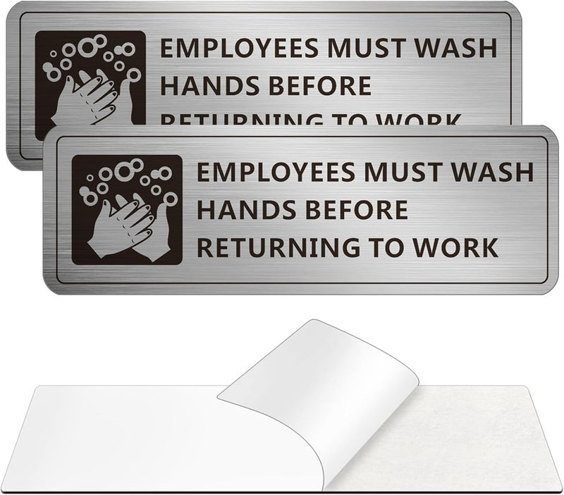 MongFun Employees Must Wash Hands Sign, (2 Pack) Self-adhesive Metal Signage for Office Bathroom, 9 x 3 Inch Waterproof Aluminum Signs for Indoor Outdoor Use (Brushed Aluminum) - Image 1